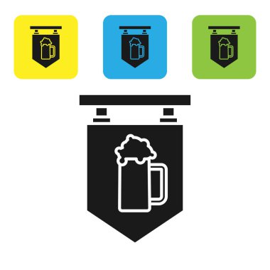 Beyaz arka planda izole bira simgesi cam ile Siyah Sokak tabela. Reklam bar, kafe, pub, restoran için uygundur. Simgeleri renkli kare düğmeleri ayarlayın. Vektör İllüstrasyonu