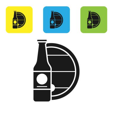 Siyah Bira şişesi ve ahşap varil simgesi beyaz arka plan üzerinde izole. Simgeleri renkli kare düğmeleri ayarlayın. Vektör İllüstrasyonu