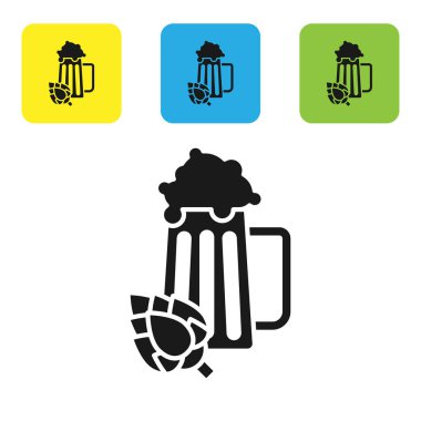 Siyah Cam bira ve hop simgesi beyaz arka plan üzerinde izole. Simgeleri renkli kare düğmeleri ayarlayın. Vektör İllüstrasyonu