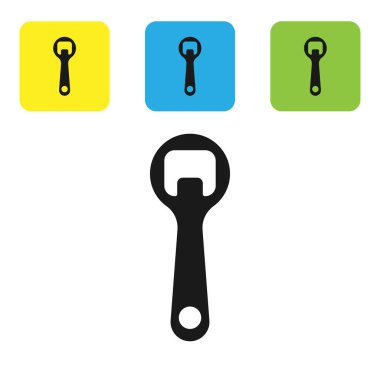 Siyah Şişe açıcı simgesi beyaz arka plan üzerinde izole. Simgeleri renkli kare düğmeleri ayarlayın. Vektör İllüstrasyonu