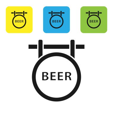 Beyaz arka planda izole yazıt Bira simgesi ile Siyah Sokak tabelası. Reklam bar, kafe, pub, restoran için uygundur. Simgeleri renkli kare düğmeleri ayarlayın. Vektör İllüstrasyonu
