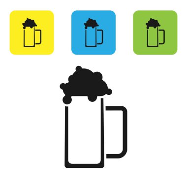 Beyaz arka planda izole edilmiş bira simgesisiyah Cam. Simgeleri renkli kare düğmeleri ayarlayın. Vektör İllüstrasyonu