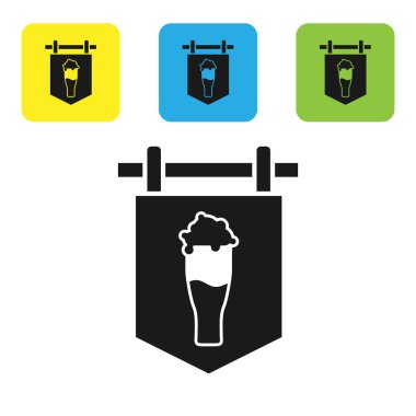 Beyaz arka planda izole bira simgesi cam ile Siyah Sokak tabela. Reklam bar, kafe, pub, restoran için uygundur. Simgeleri renkli kare düğmeleri ayarlayın. Vektör İllüstrasyonu