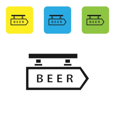 Beyaz arka planda izole yazıt Bira simgesi ile Siyah Sokak tabelası. Reklam bar, kafe, pub, restoran için uygundur. Simgeleri renkli kare düğmeleri ayarlayın. Vektör İllüstrasyonu