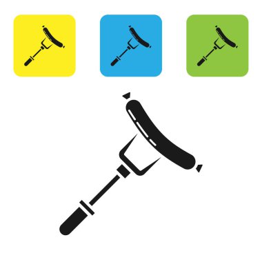 Beyaz arka planda izole çatal simgesi üzerinde Siyah Sosis. Izgara sosis ve aroma işareti. Simgeleri renkli kare düğmeleri ayarlayın. Vektör İllüstrasyonu