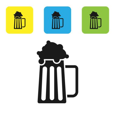 Siyah Ahşap bira kupa simgesi beyaz arka plan üzerinde izole. Simgeleri renkli kare düğmeleri ayarlayın. Vektör İllüstrasyonu
