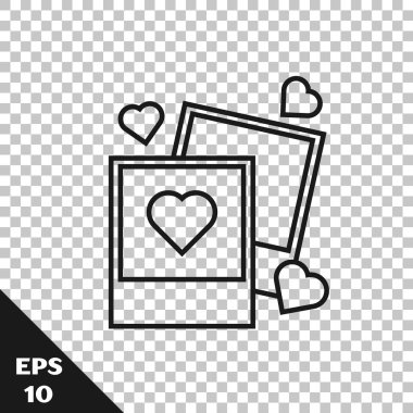 Siyah çizgi İki boşluk fotoğraf çerçeveleri ve saydam arka planda yalıtılmış kalpler simgesi. Sevgililer Günü sembolü. Vektör İllüstrasyonu