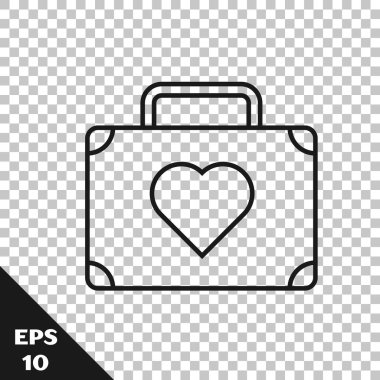 Şeffaf arka planda izole kalp simgesi ile seyahat için Siyah çizgi Bavul. Balayı sembolü. Seyahat bagaj işareti. Seyahat bagaj simgesi. Vektör İllüstrasyonu