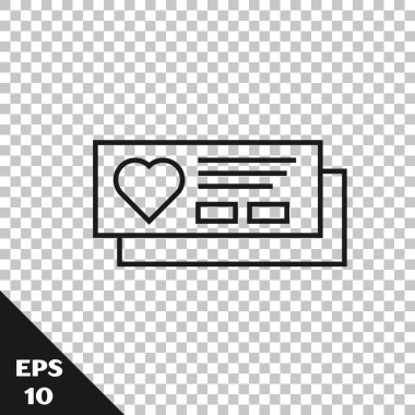 Şeffaf arka planda izole edilmiş kalp simgesine sahip siyah hat Bilet. Kalpten biniş kartı. Vektör İllüstrasyonu