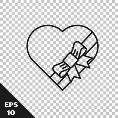 Siyah çizgi Şeker kalp şeklinde kutu ve yay simgesi şeffaf arka plan üzerinde izole. Sevgililer Günü. Vektör İllüstrasyonu