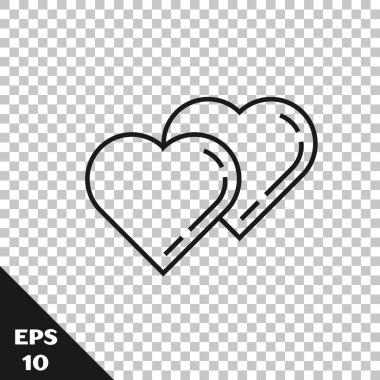 Siyah çizgi İki Bağlantılı Kalpler simgesi saydam arka planda yalıtılmış. Romantik sembol bağlantılı, katılmak, tutku ve düğün. Sevgililer günü sembolü. Vektör İllüstrasyonu