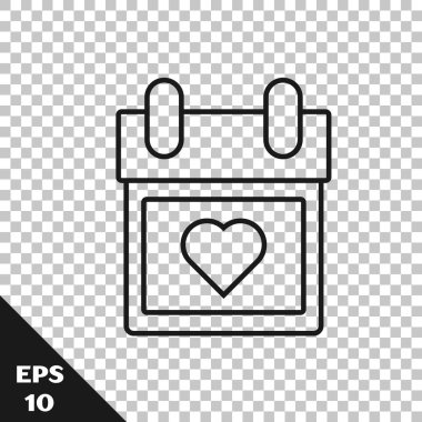 Saydam arka planda izole edilmiş kalp simgesine sahip siyah çizgi Takvim. Sevgililer günü. Aşk sembolü. 14 Şubat. Vektör İllüstrasyonu
