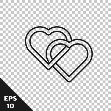 Siyah çizgi İki Bağlantılı Kalpler simgesi saydam arka planda yalıtılmış. Romantik sembol bağlantılı, katılmak, tutku ve düğün. Sevgililer günü sembolü. Vektör İllüstrasyonu