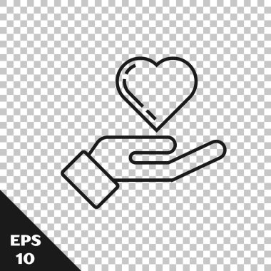 Siyah çizgi Kalp el simgesi saydam arka plan üzerinde izole. El aşk sembolü veriyor. Vektör İllüstrasyonu