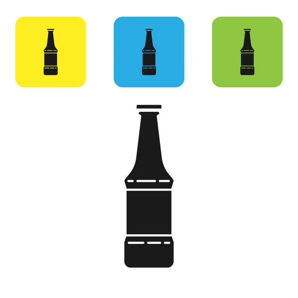 Zwarte bier fles pictogram geïsoleerd op witte achtergrond. Pictogrammen instellen kleurrijke vierkante knoppen. Vector illustratie — Stockvector