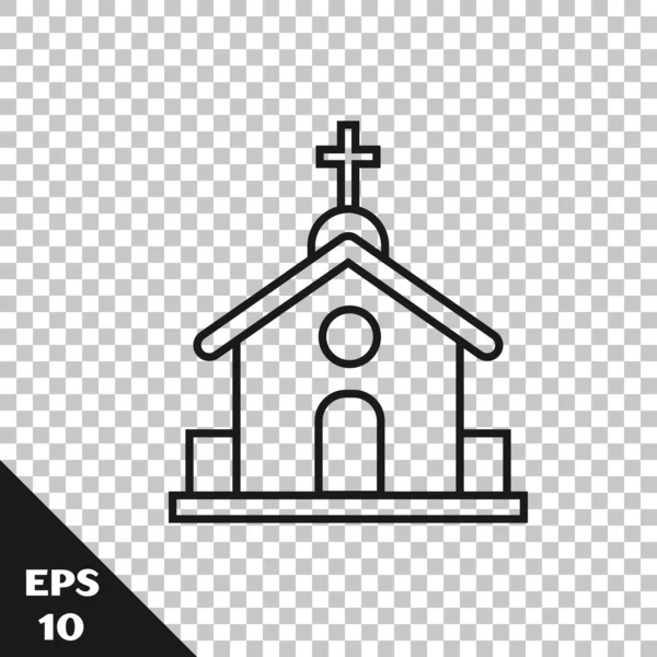 Siyah çizgi Kilise bina simgesi saydam arka plan üzerinde izole. Hıristiyan Kilisesi. Kilise dini. Vektör İllüstrasyonu