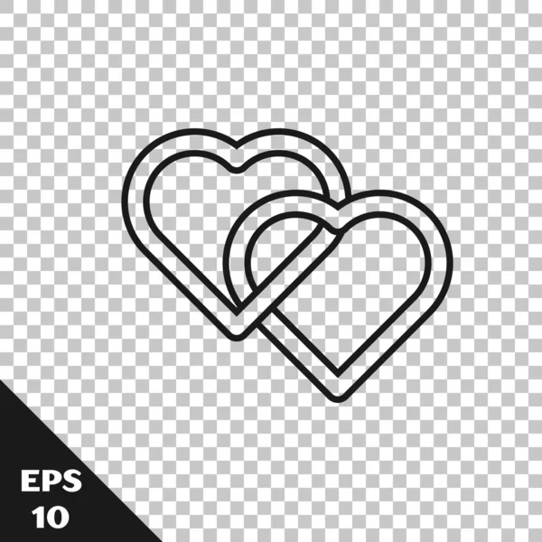 Siyah çizgi İki Bağlantılı Kalpler simgesi saydam arka planda yalıtılmış. Romantik sembol bağlantılı, katılmak, tutku ve düğün. Sevgililer günü sembolü. Vektör İllüstrasyonu