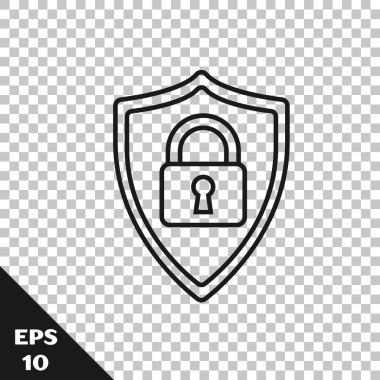 Saydam arka planda yalıtılmış kilit simgesine sahip siyah hat Shield güvenliği. Koruma, güvenlik, şifre güvenliği. Güvenlik duvarı erişim gizlilik işareti. Vektör İllüstrasyonu