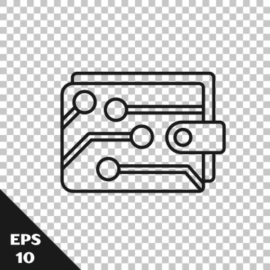 Saydam arka planda yalıtılmış siyah çizgi Cryptocurrency cüzdan simgesi. Cüzdan ve bitcoin işareti. Madencilik konsepti. Para, ödeme, nakit, ödeme simgesi. Vektör İllüstrasyonu