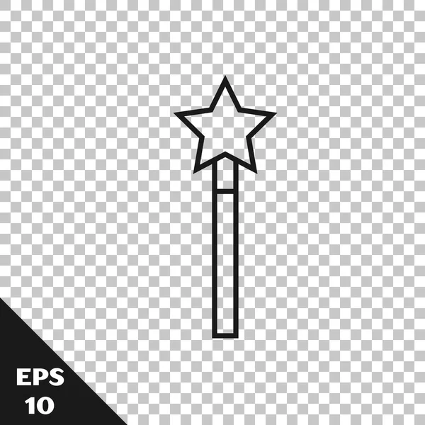 Fekete vonal Varázspálca ikon izolált átlátszó háttérrel. Csillag alakú mágikus tartozék. Mágikus erő. Vektoros illusztráció — Stock Vector