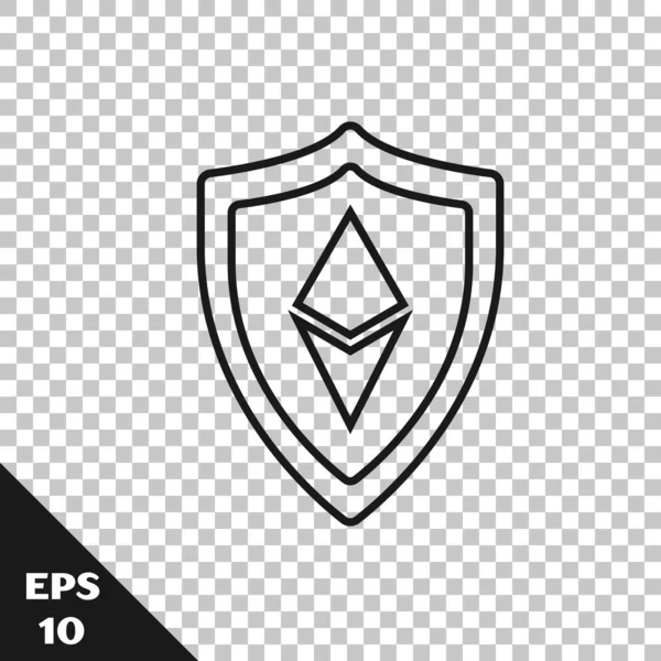 Black line Shield Ethereum ETH icon isolated on transparent background. Cryptocurrency mining, blockchain technology, security, protect, digital money. Vector Illustration — Stock Vector