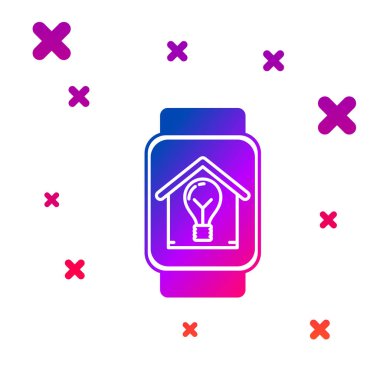 Beyaz arka planda izole akıllı ev ve ampul simgesi ile Color Smart saat. Gradyan rasgele dinamik şekiller. Vektör İllüstrasyonu