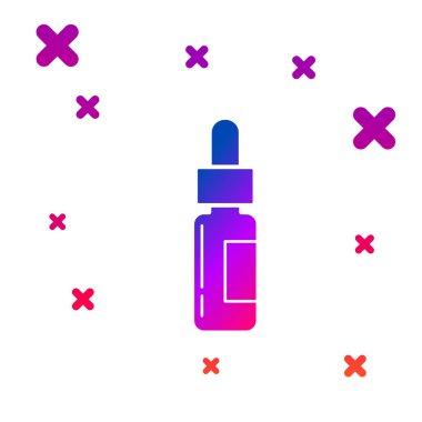 Pipetli renkli cam şişe. Beyaz arka plan üzerinde izole simgesi içinde bir pipet ile Şişe. Tıbbi ve kozmetik ürün konteyner. Gradyan rasgele dinamik şekiller. Vektör İllüstrasyonu