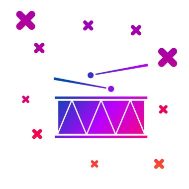 Renk Müzik enstrüman davul ve davul çubukları simgesi beyaz arka plan üzerinde izole. Gradyan rasgele dinamik şekiller. Vektör İllüstrasyonu