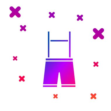 Beyaz arka planda izole renk Lederhosen simgesi. Geleneksel Bavyera kıyafetleri. Oktoberfest kıyafeti. Askılı pantolonlar. Patrick günü. Gradyan rasgele dinamik şekiller. Vektör İllüstrasyonu