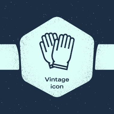 Grunge hattı Bahçe eldiven simgesi mavi arka plan üzerinde izole. Kauçuk eldiven işareti. Tarım el koruma, eldiven güvenliği. Tek renkli vintage çizim. Vektör İllüstrasyonu
