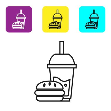Beyaz arka plan üzerinde izole saman ve burger simgesi içme ile Siyah hat Kağıt cam. Soda su içecek işareti. Hamburger, çizburgerli sandviç. Simgeleri renkli kare düğmeleri ayarlayın. Vektör İllüstrasyonu
