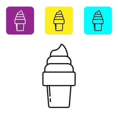 Beyaz arka plan üzerinde izole waffle konisi simgesi siyah çizgi Dondurma. Tatlı bir sembol. Simgeleri renkli kare düğmeleri ayarlayın. Vektör İllüstrasyonu