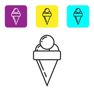 Beyaz arka plan üzerinde izole waffle konisi simgesi siyah çizgi Dondurma. Tatlı bir sembol. Simgeleri renkli kare düğmeleri ayarlayın. Vektör İllüstrasyonu