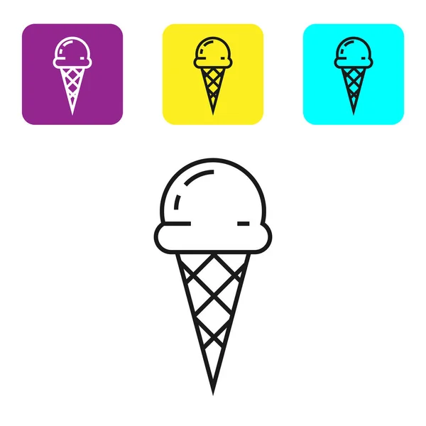 Black line Ice cream in waffle cone icon isolated on white background. Sweet symbol. Set icons colorful square buttons. Vector Illustration — Stock Vector