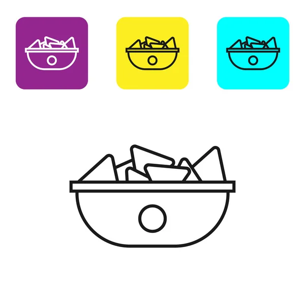 Línea negra Nachos en placa icono aislado sobre fondo blanco. Tortillas de tortilla o nachos. Menú tradicional mexicano de comida rápida. Establecer iconos coloridos botones cuadrados. Ilustración vectorial — Vector de stock