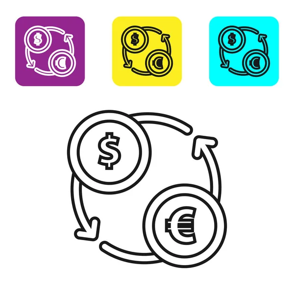 Siyah çizgi Para değişimi simgesi beyaz arka planda yalıtılmış. Euro ve Dolar nakit transferi sembolü. Bankacılık para birimi işareti. Simgeleri renkli kare düğmeleri ayarlayın. Vektör İllüstrasyonu