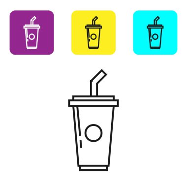 Beyaz arka plan üzerinde izole içme saman ve su simgesi ile Siyah hat Kağıt cam. Soda bardak iç. Taze soğuk içecek sembolü. Simgeleri renkli kare düğmeleri ayarlayın. Vektör İllüstrasyonu
