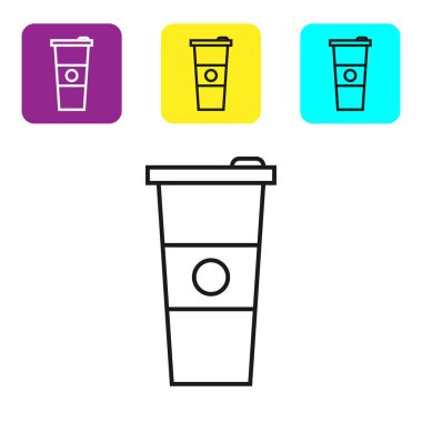 Siyah çizgi Kağıt cam ve su simgesi beyaz arka plan üzerinde izole. Soda bardak iç. Taze soğuk içecek sembolü. Simgeleri renkli kare düğmeleri ayarlayın. Vektör İllüstrasyonu