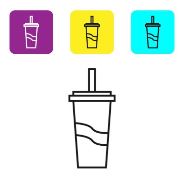 Beyaz arka plan üzerinde izole içme saman ve su simgesi ile Siyah hat Kağıt cam. Soda bardak iç. Taze soğuk içecek sembolü. Simgeleri renkli kare düğmeleri ayarlayın. Vektör İllüstrasyonu