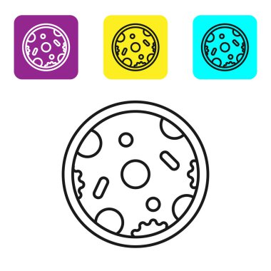 Siyah çizgi Pizza simgesi beyaz arka planda yalıtılmış. Fast food menüsü. Simgeleri renkli kare düğmeleri ayarlayın. Vektör İllüstrasyonu