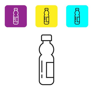 Beyaz arka plan üzerinde izole su simgesi siyah çizgi Şişe. Soda su içecek işareti. Simgeleri renkli kare düğmeleri ayarlayın. Vektör İllüstrasyonu
