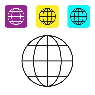 Siyah çizgi Dünya dünya simgesi beyaz arka plan üzerinde izole. Dünya veya Dünya işareti. Küresel internet sembolü. Geometrik şekiller. Simgeleri renkli kare düğmeleri ayarlayın. Vektör İllüstrasyonu
