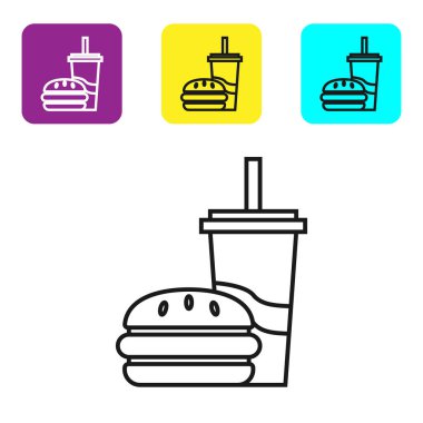 Beyaz arka plan üzerinde izole saman ve burger simgesi içme ile Siyah hat Kağıt cam. Soda su içecek işareti. Hamburger, çizburgerli sandviç. Simgeleri renkli kare düğmeleri ayarlayın. Vektör İllüstrasyonu