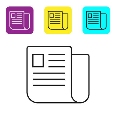 Beyaz arka planda yalıtılmış siyah satır Dosya belge simgesi. Denetim listesi simgesi. İş konsepti. Simgeleri renkli kare düğmeleri ayarlayın. Vektör İllüstrasyonu