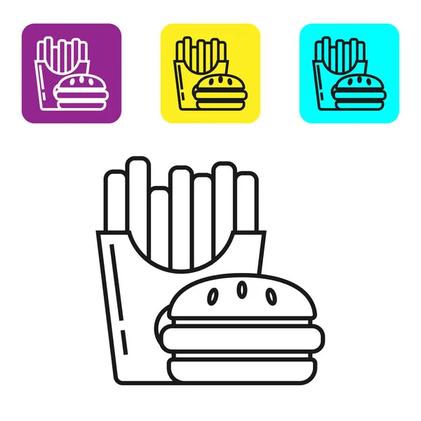 Siyah çizgi Burger ve karton paket kutusu simgesi beyaz arka plan üzerinde izole patates kızartması. Hamburger, çizburgerli sandviç. Fast food menüsü. Simgeleri renkli kare düğmeleri ayarlayın. Vektör İllüstrasyonu — Stok Vektör