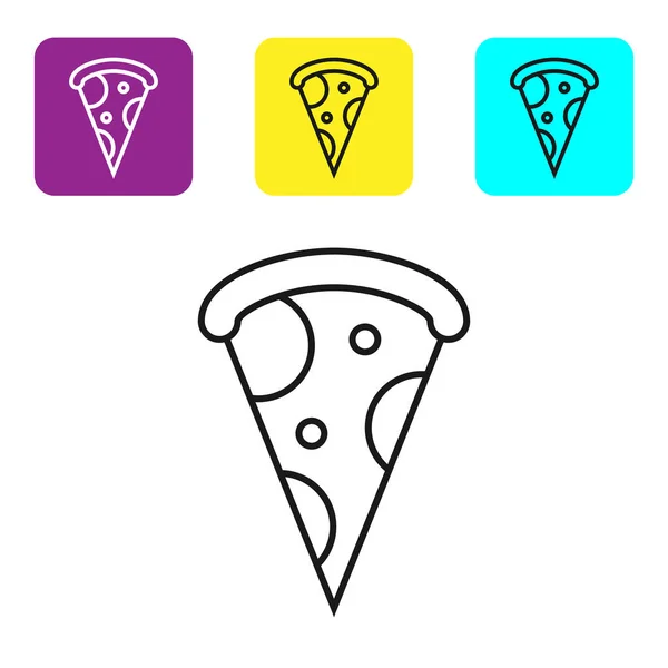 Línea negra Rebanada del icono de la pizza aislada sobre fondo blanco. Menú de comida rápida. Establecer iconos coloridos botones cuadrados. Ilustración vectorial — Vector de stock