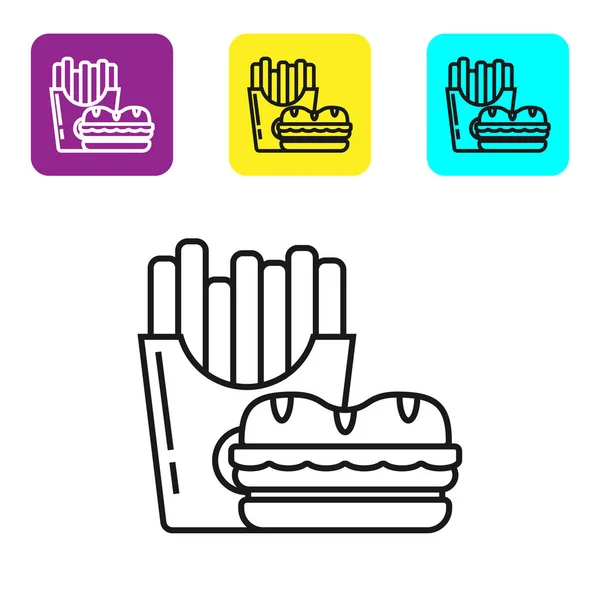 黑线汉堡和炸薯条在纸箱包装盒图标隔离在白色背景。汉堡，奶酪汉堡三明治快餐菜单。设置图标彩色方形按钮。矢量插图 — 图库矢量图片