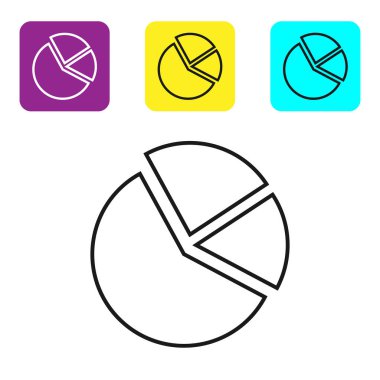 Siyah çizgi Pasta grafik infografik simgesi beyaz arka planda yalıtılmış. Diyagram grafik işareti. Simgeleri renkli kare düğmeleri ayarlayın. Vektör İllüstrasyonu