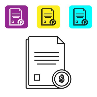 Beyaz arka planda yalıtılmış siyah çizgi Finans belge simgesi. Fatura veya fatura kavramı için dolar sikke ile Kağıt banka belgesi. Simgeleri renkli kare düğmeleri ayarlayın. Vektör İllüstrasyonu