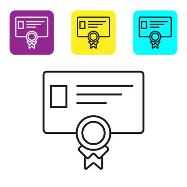 Beyaz arka planda siyah çizgi Sertifika şablonu simgesi. Başarı, ödül, derece, hibe, diploma kavramları. İş başarı belgesi. Simgeleri renkli kare düğmeleri ayarlayın. Vektör İllüstrasyonu